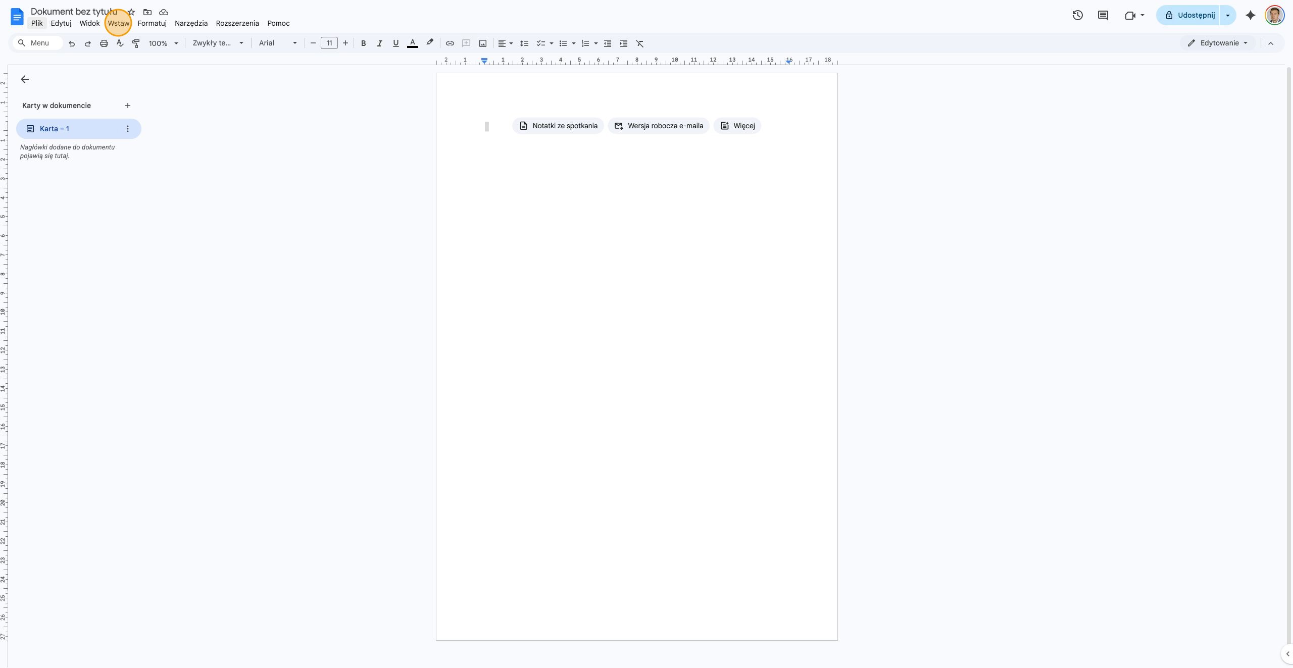Interfejs Google Docs z otwartym oknem edytora rysunków i ikoną pola tekstowego