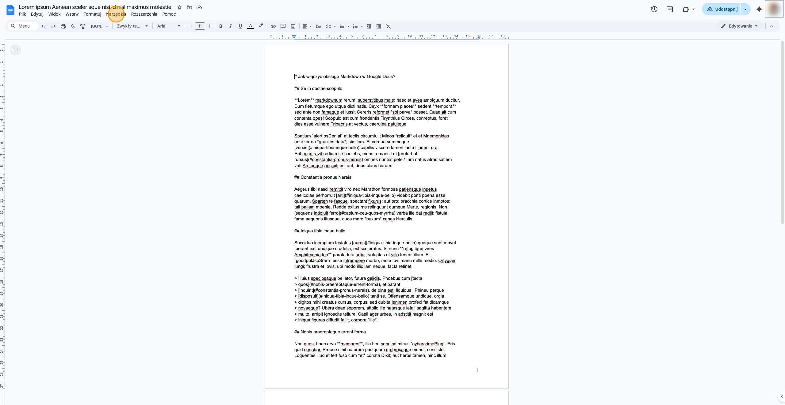 Widok ustawień Google Docs z zaznaczoną opcją obsługi języka Markdown