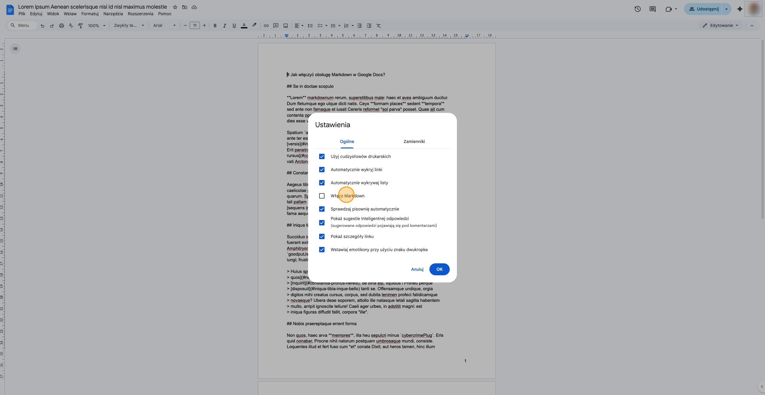 Zaznacz opcję Włącz Markdown