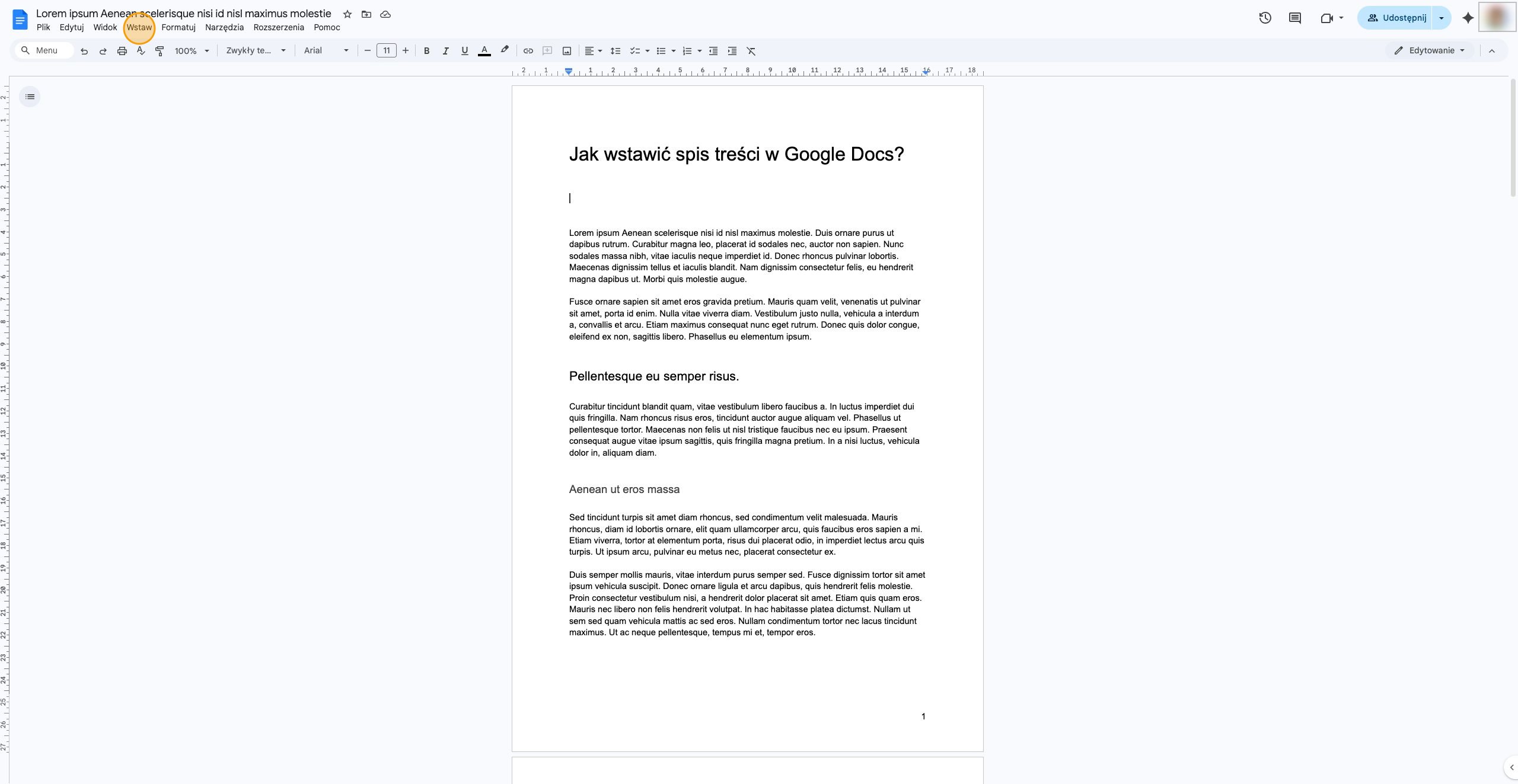 Widok menu Wstaw w Google Docs z zaznaczoną opcją Spis treści