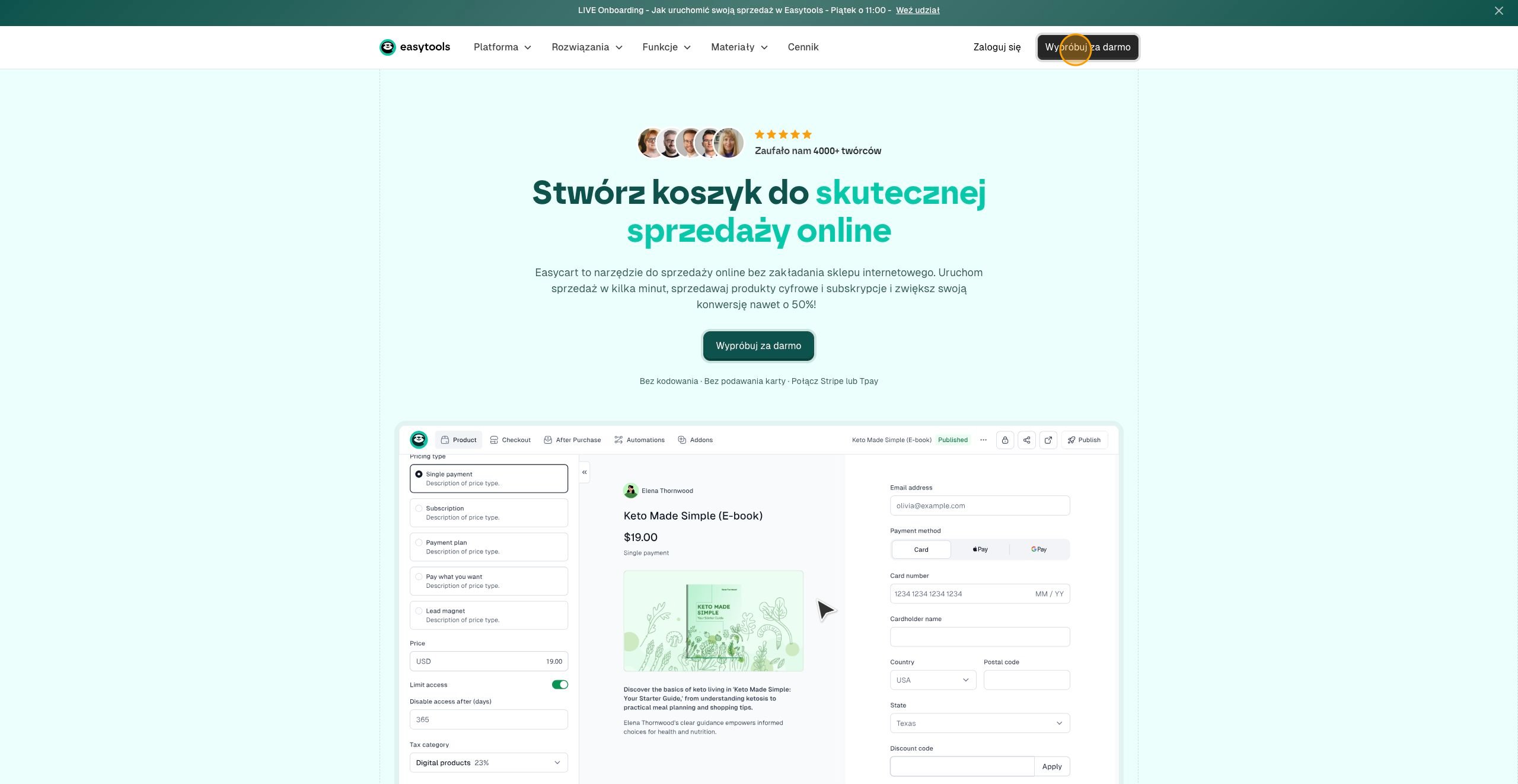 Strona główna Easy.Tools z przyciskiem do rejestracji konta