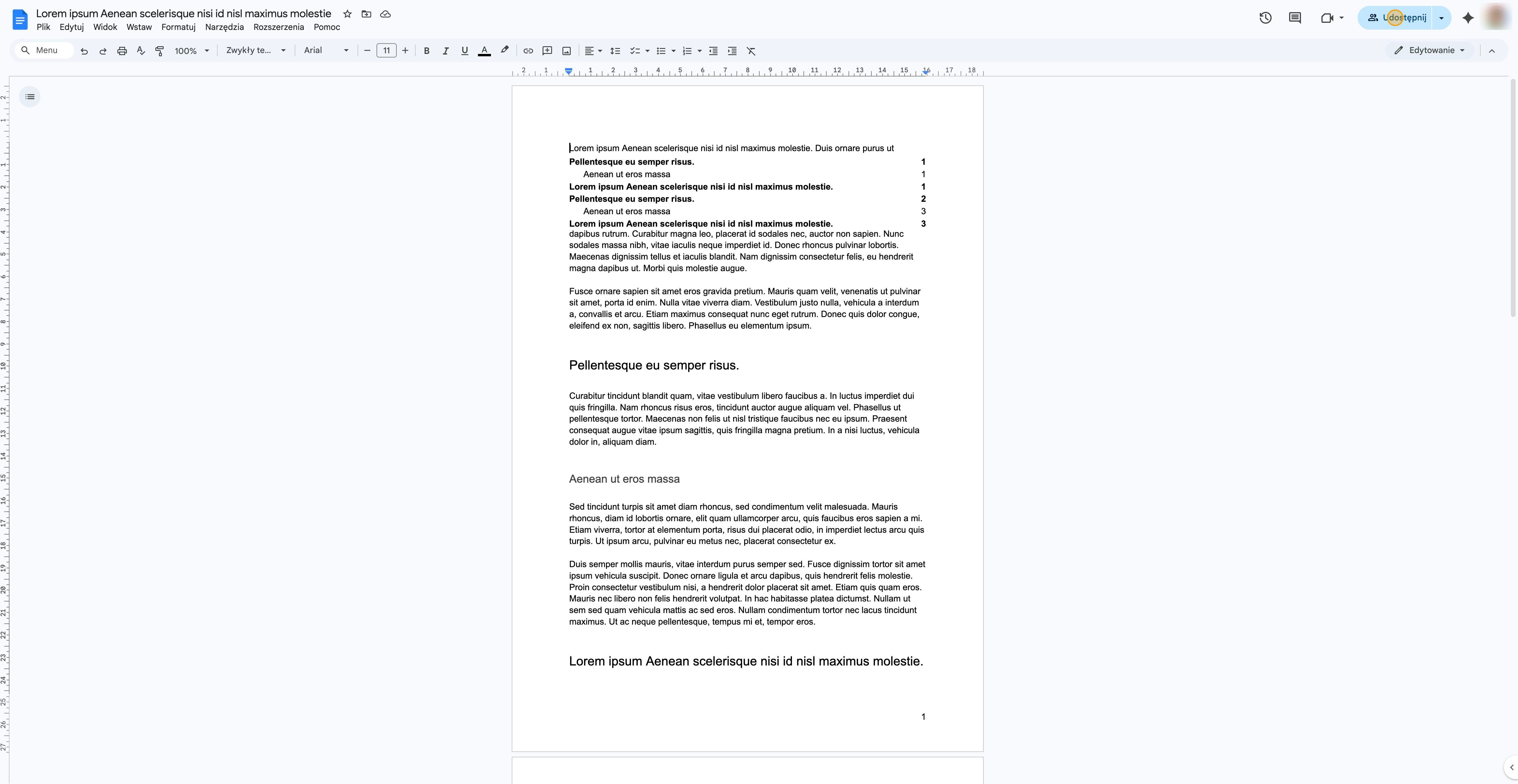 Widok przycisku Udostępnij w prawym górnym rogu dokumentu Google Docs