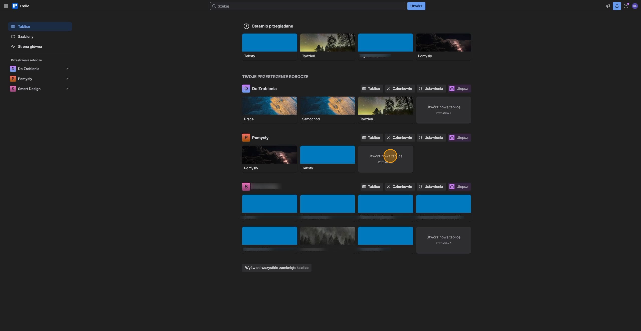 Interfejs Trello z otwartym oknem tworzenia nowej tablicy