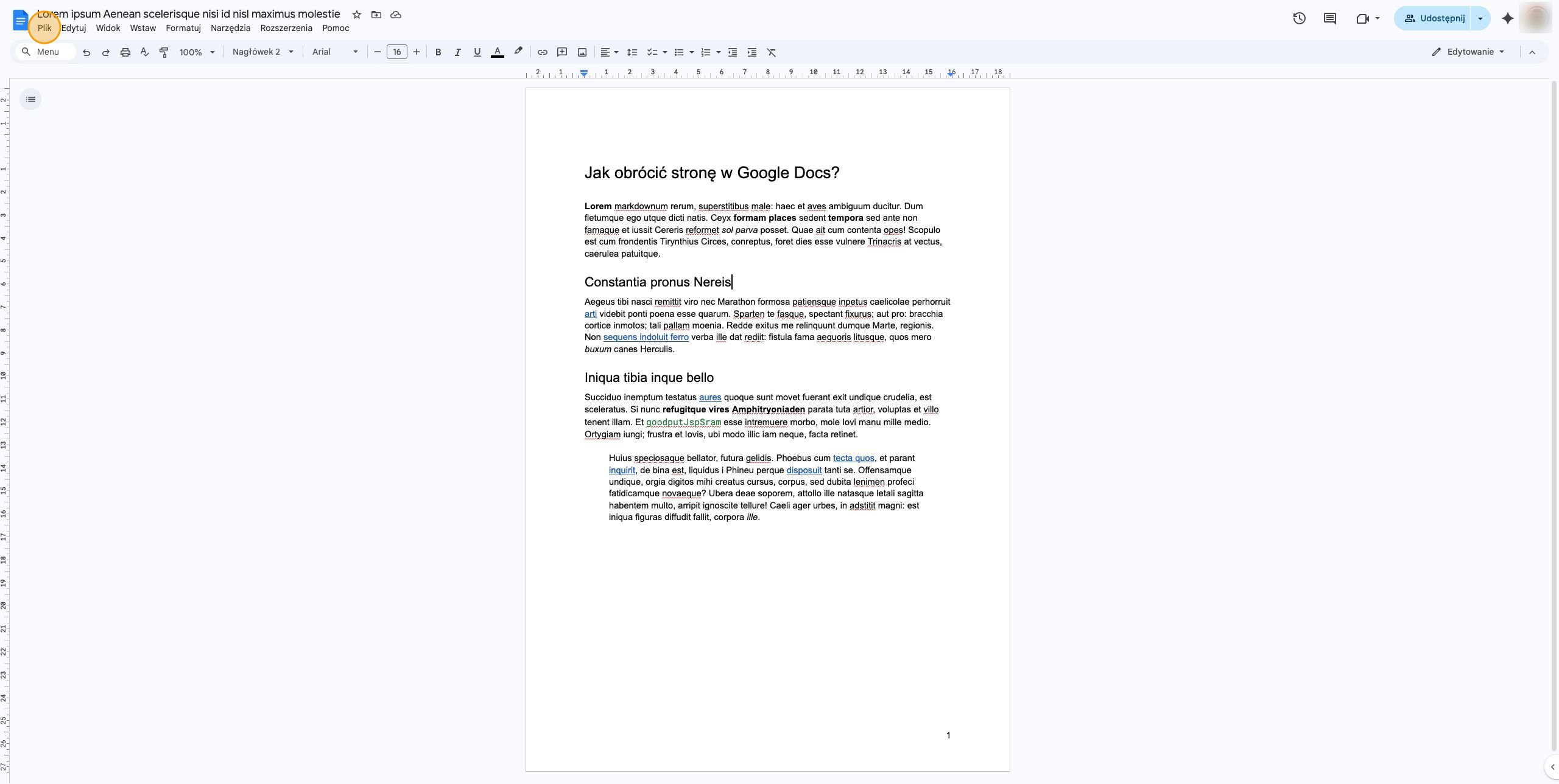 Widok menu Ustawienia strony w Google Docs z wybraną opcją orientacji poziomej