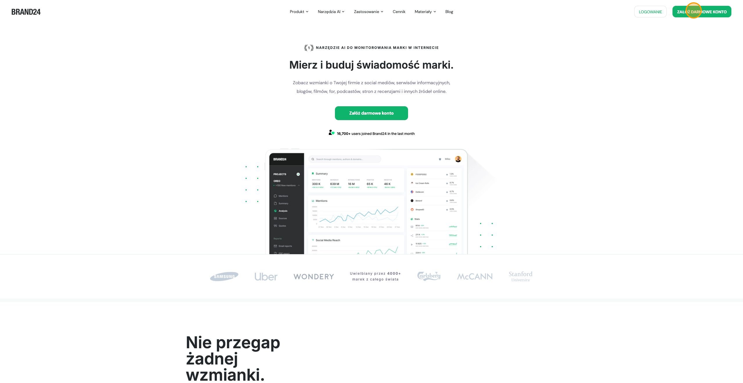 Ekran logowania i rejestracji w serwisie Brand24