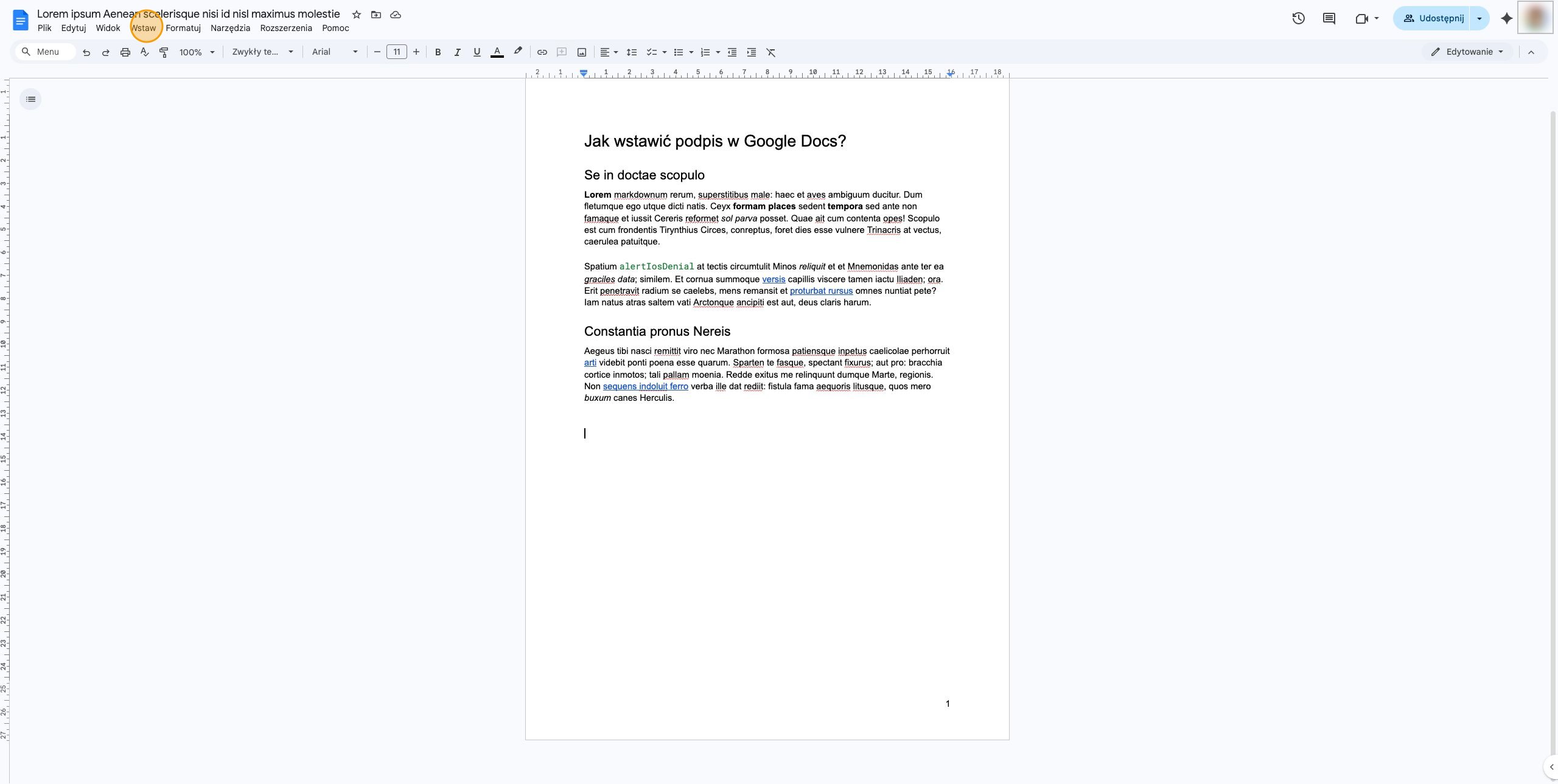 Widok edytora Google Docs z otwartym oknem narzędzia Bazgroły do tworzenia podpisu