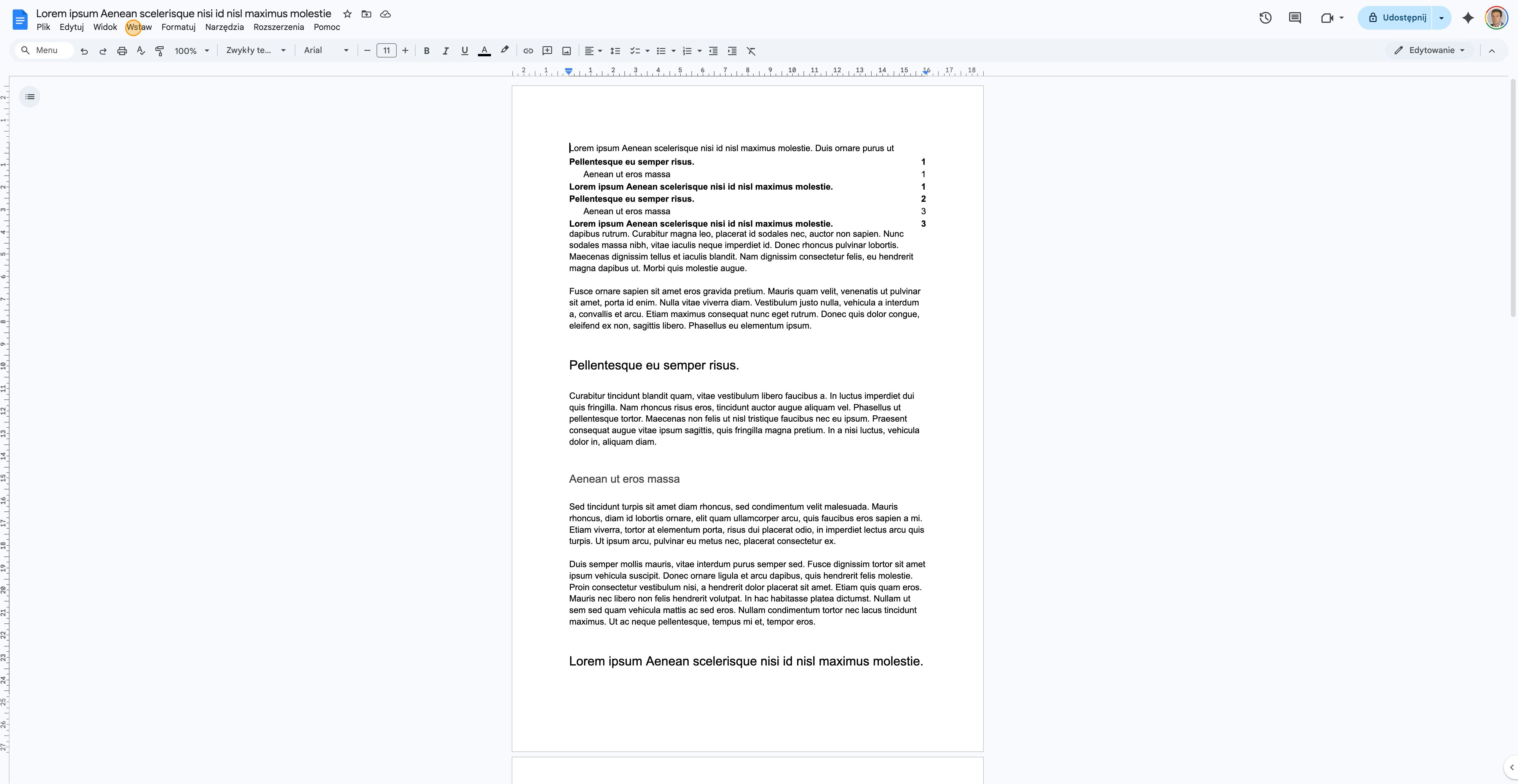 Widok menu Wstaw i opcji numery stron w interfejsie Google Docs