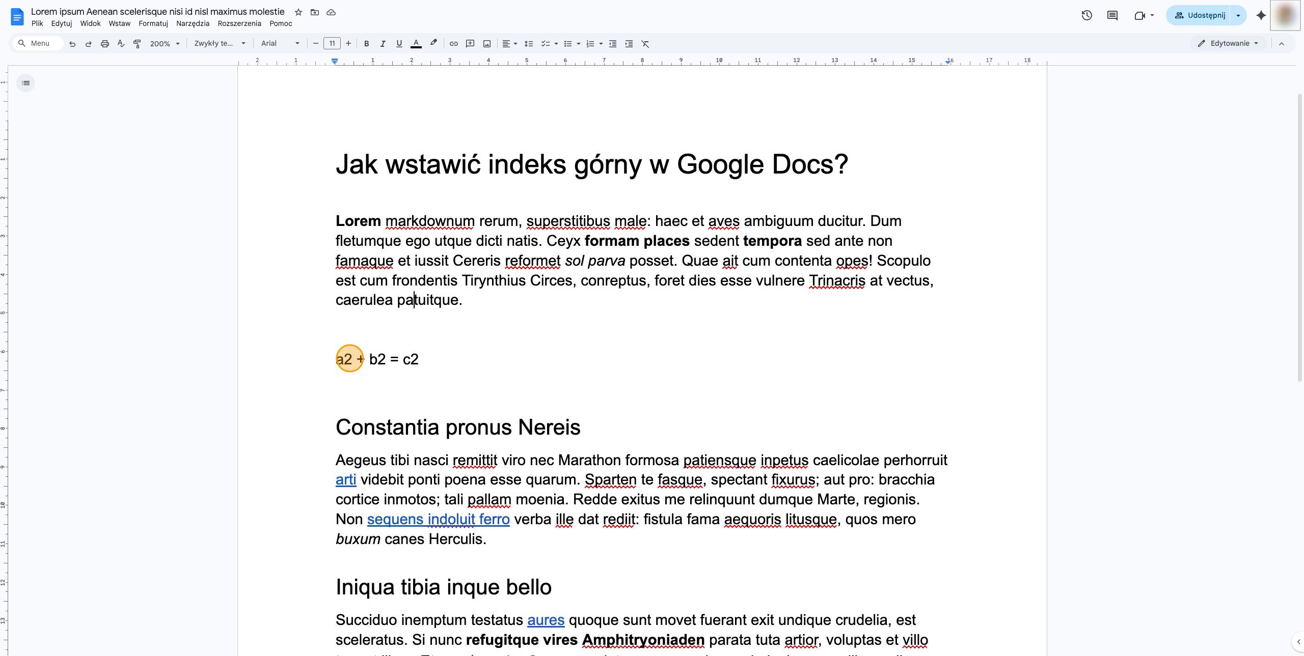 Interfejs Google Docs z widocznym menu Formatuj i opcją Indeks górny
