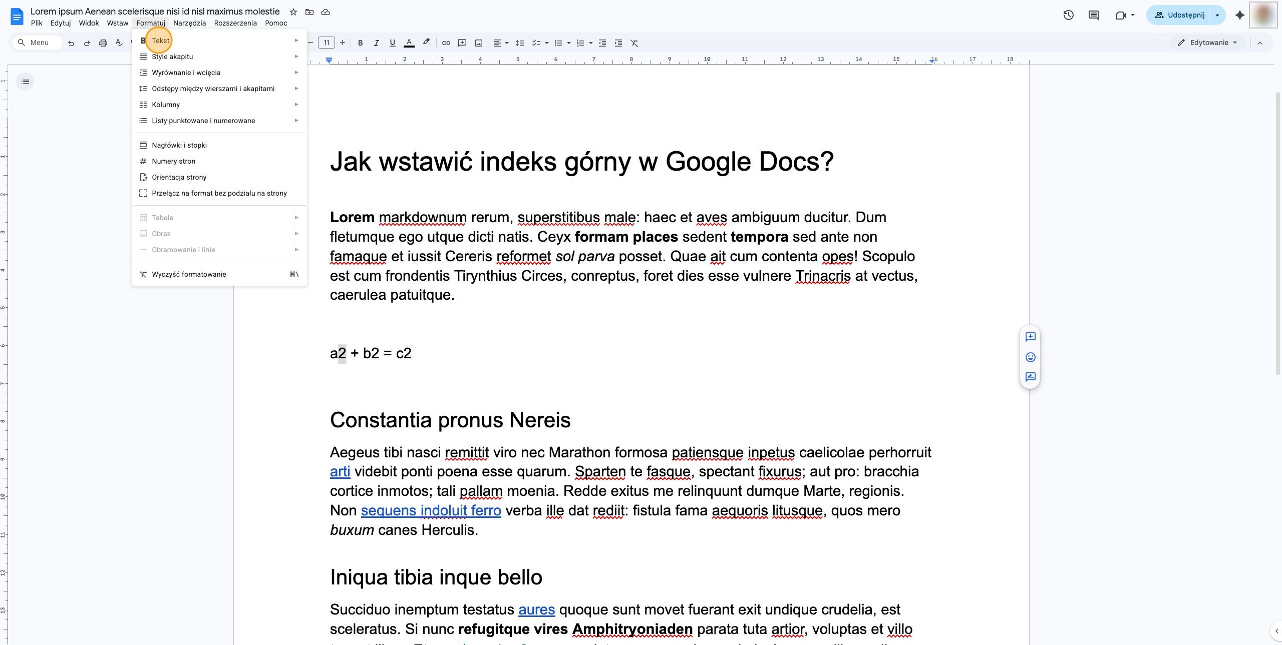 Kliknij opcję Indeks górny