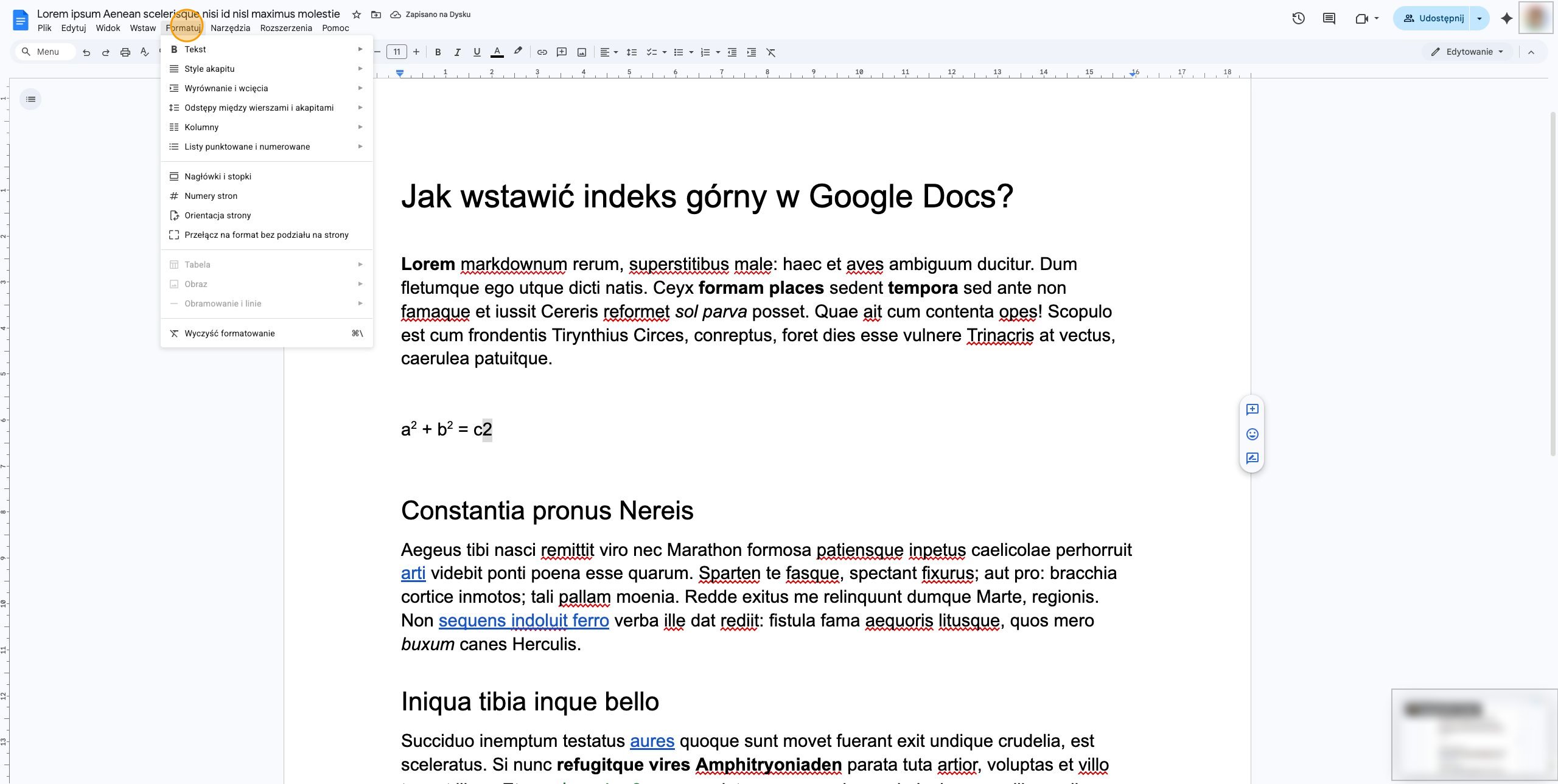 Zastosuj Indeks górny dla drugiego znaku