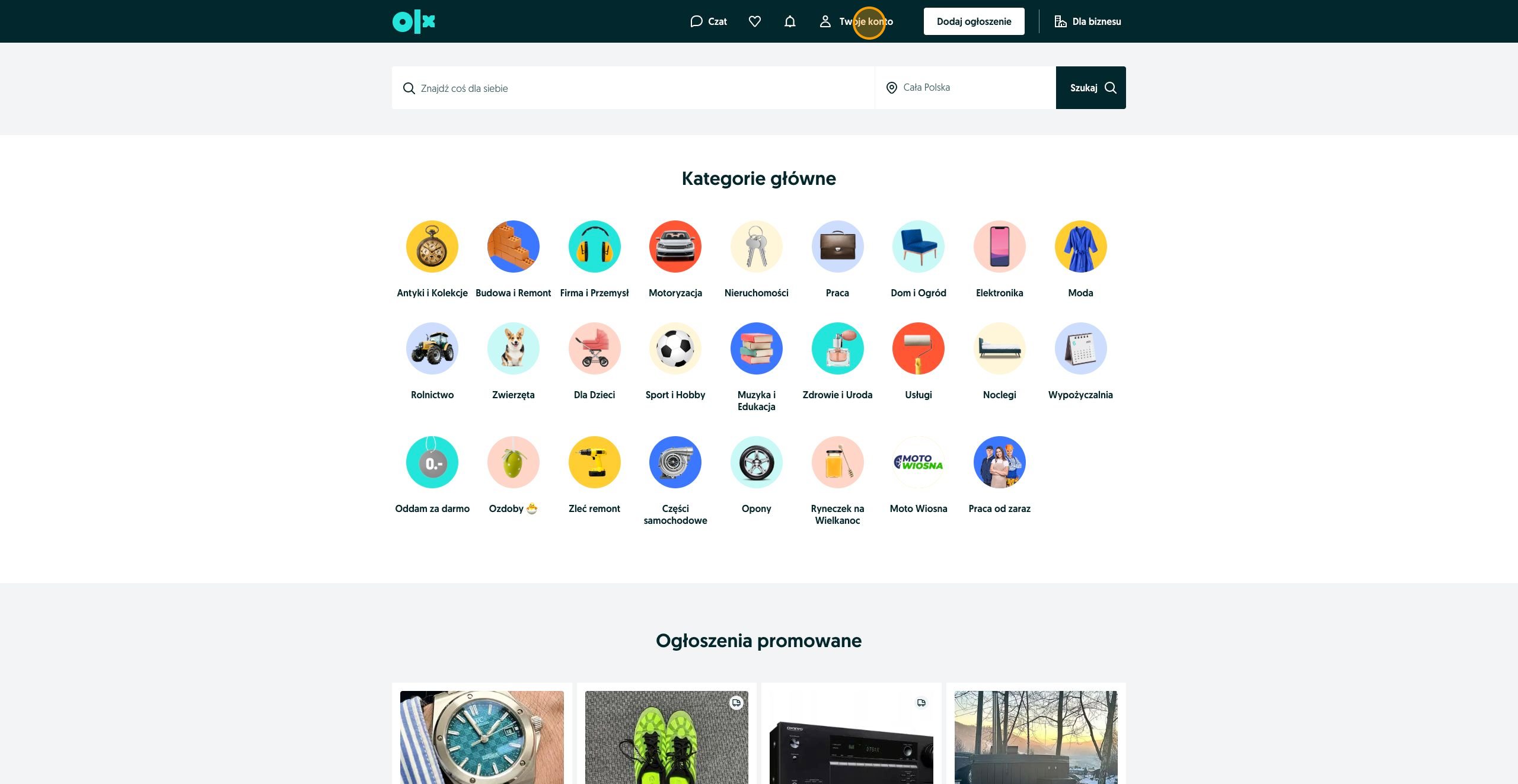 Widok formularza rejestracji konta użytkownika na portalu ogłoszeniowym OLX